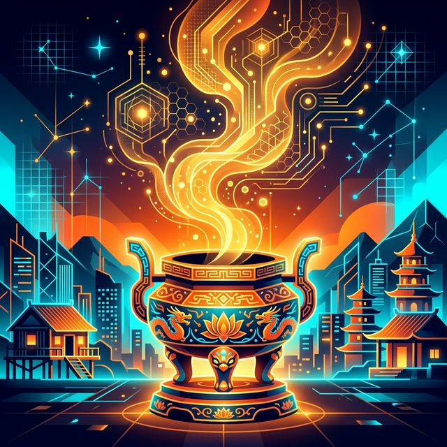 chén hương cổ đại rực sáng ánh vàng vạn tượng kết nối thế giới ảo và tâm linh cho văn khấn giao thừa 2026