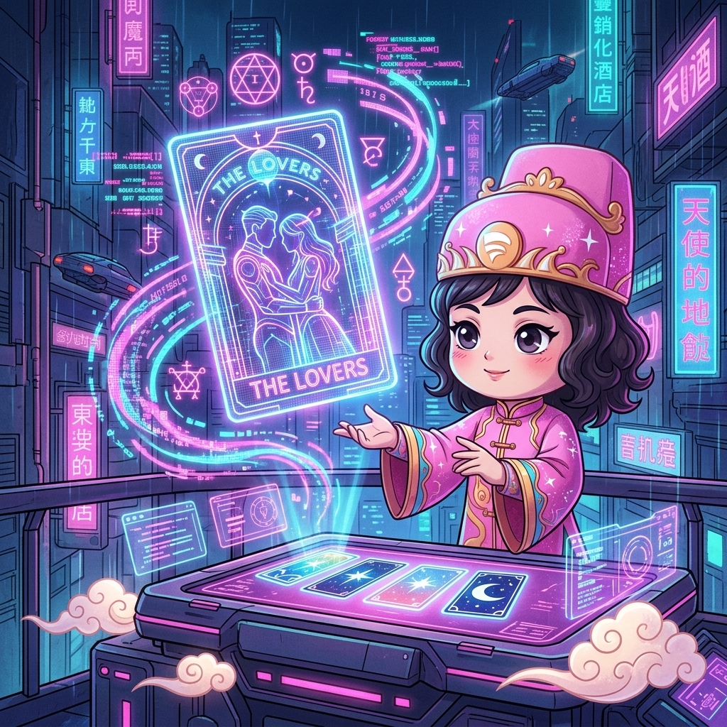 Lá bài The Lovers lơ lửng trên không trung thể hiện biểu tượng bói bài tarot tình yêu qua nét đồ họa Cyberpunk cực chất