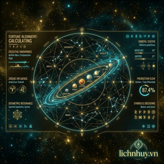 bảng taplo siêu không gian điện tử hiển thị quỹ đạo các hành tinh biểu diễn sao hạn 2026