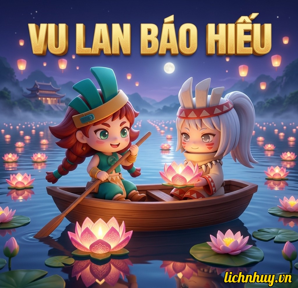 Đèn hoa sen trôi trên sông rực rỡ tượng trưng cho ánh sáng soi đường dẫn lối cho cửu huyền thất tổ trong Lễ Vu Lan rằm tháng 7 năm 2026