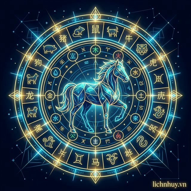họa tiết tinh đồ tử vi hình thập nhị bát tú trung tâm là thần mã năng lượng màu xanh biển biểu trưng cho tử vi năm 2026