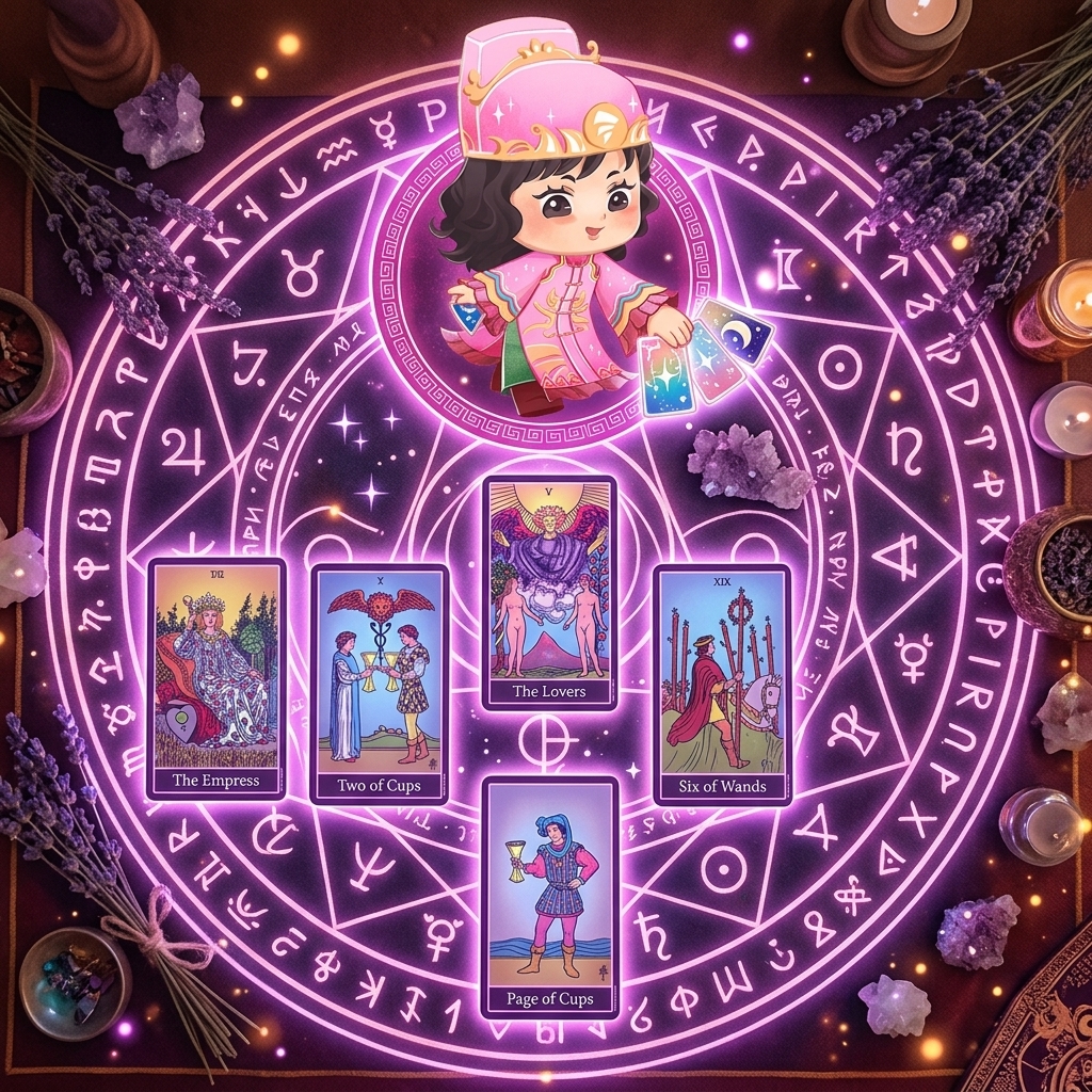 Một mâm trải bài chuẩn chỉ với các họa tiết thần bí chìm nổi rực sáng