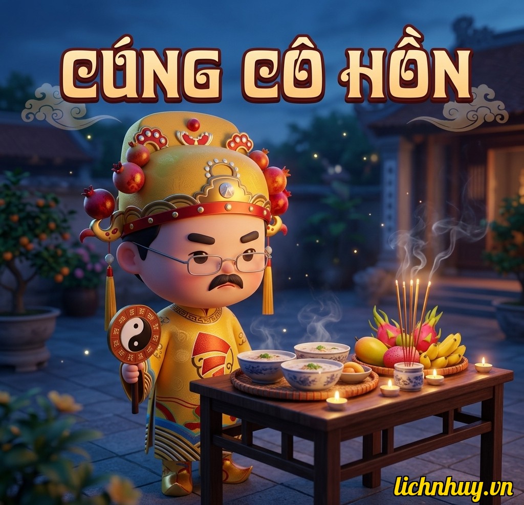 Đàn tế cô hồn dã quỷ mờ ảo trong sương khói với bát cháo trắng loãng, muối gạo cho lễ cúng rằm tháng 7 năm 2026
