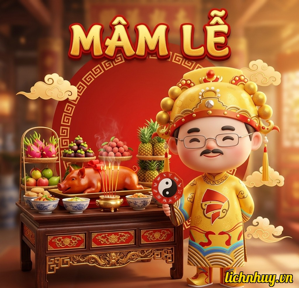 Mâm cúng mặn rực rỡ dưới ánh sáng neon, kết hợp vịt quay, mèo thần tài và lồng đèn đỏ chuẩn bị cho ngày mùng 10